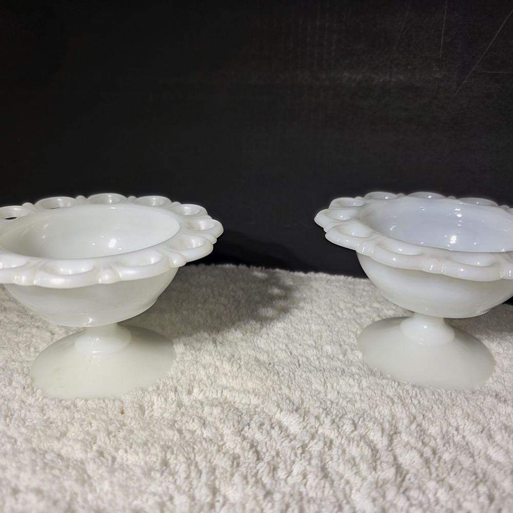 Vintage Anchor Hocking Old Colony Lace Edge Milk Glass Pedestal Candy Dishes 5"